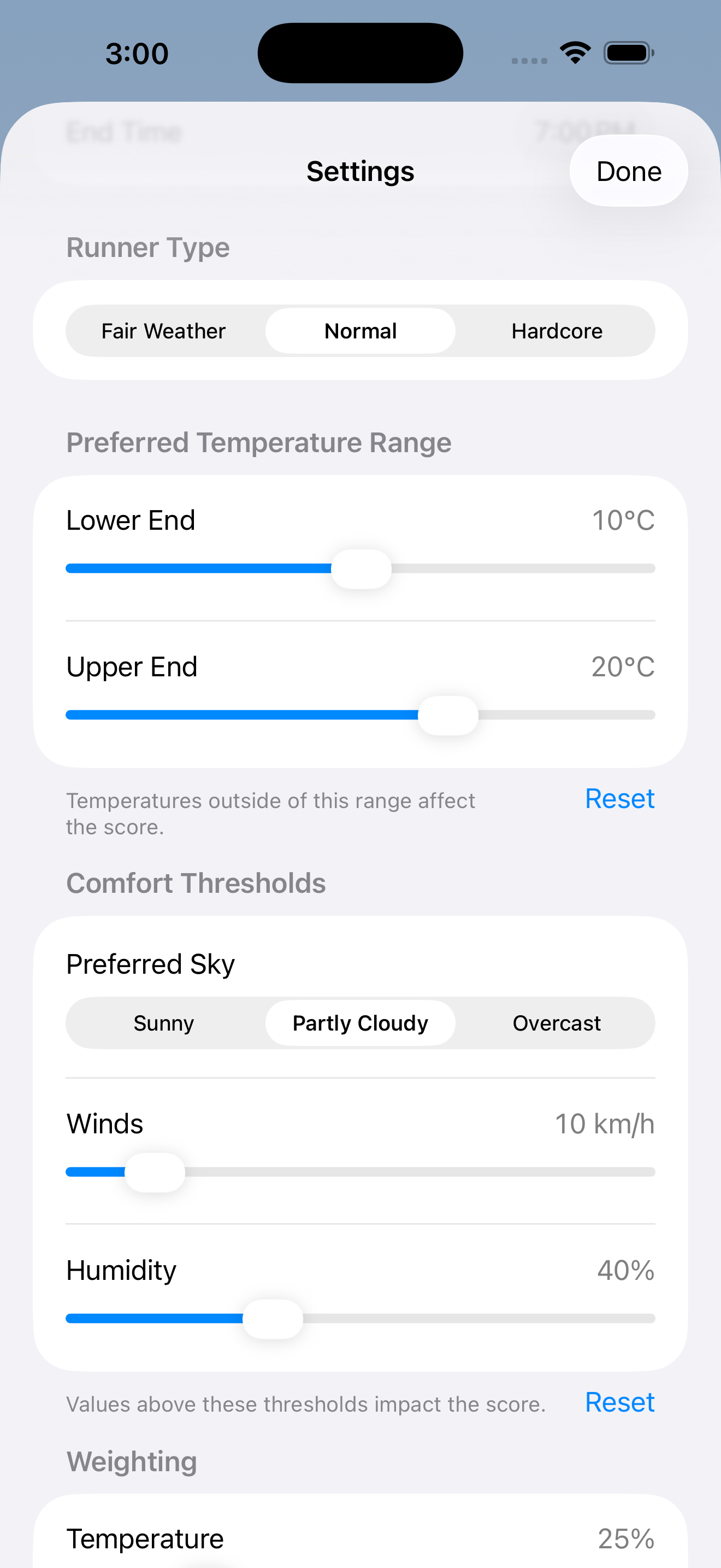 RunnerCast settings view